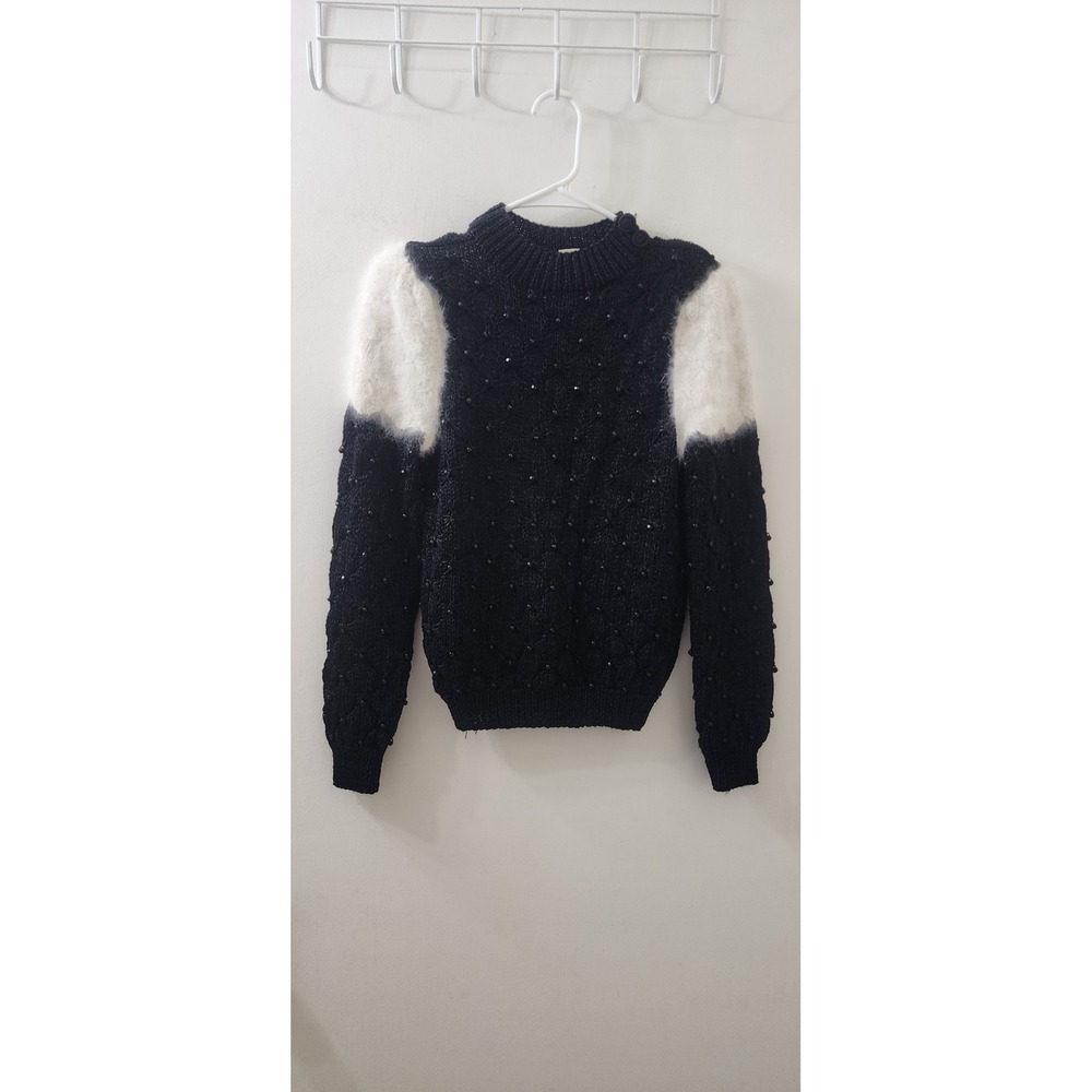 Lillie Rubin‎ Vintage Hand Knit Beaded Angora Wool Sweater Black White Small